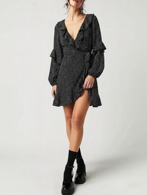 Finders Keepers Polka Dot Ruffle Solar Wrap Dress Medium Black Whimsigoth Grunge